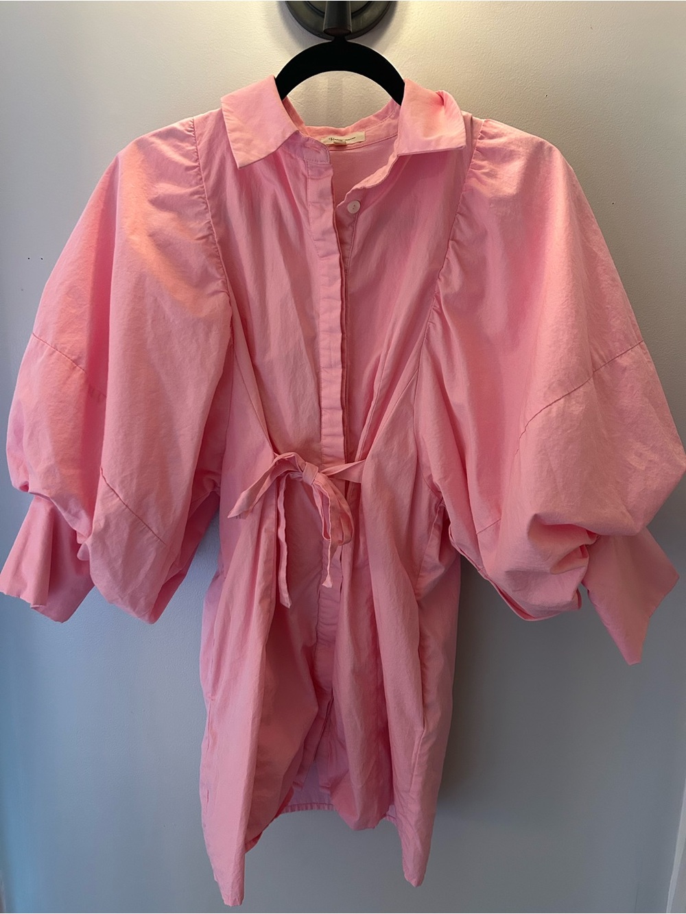 Pink Puff Sleeve Tie-Waist Shirt Dress